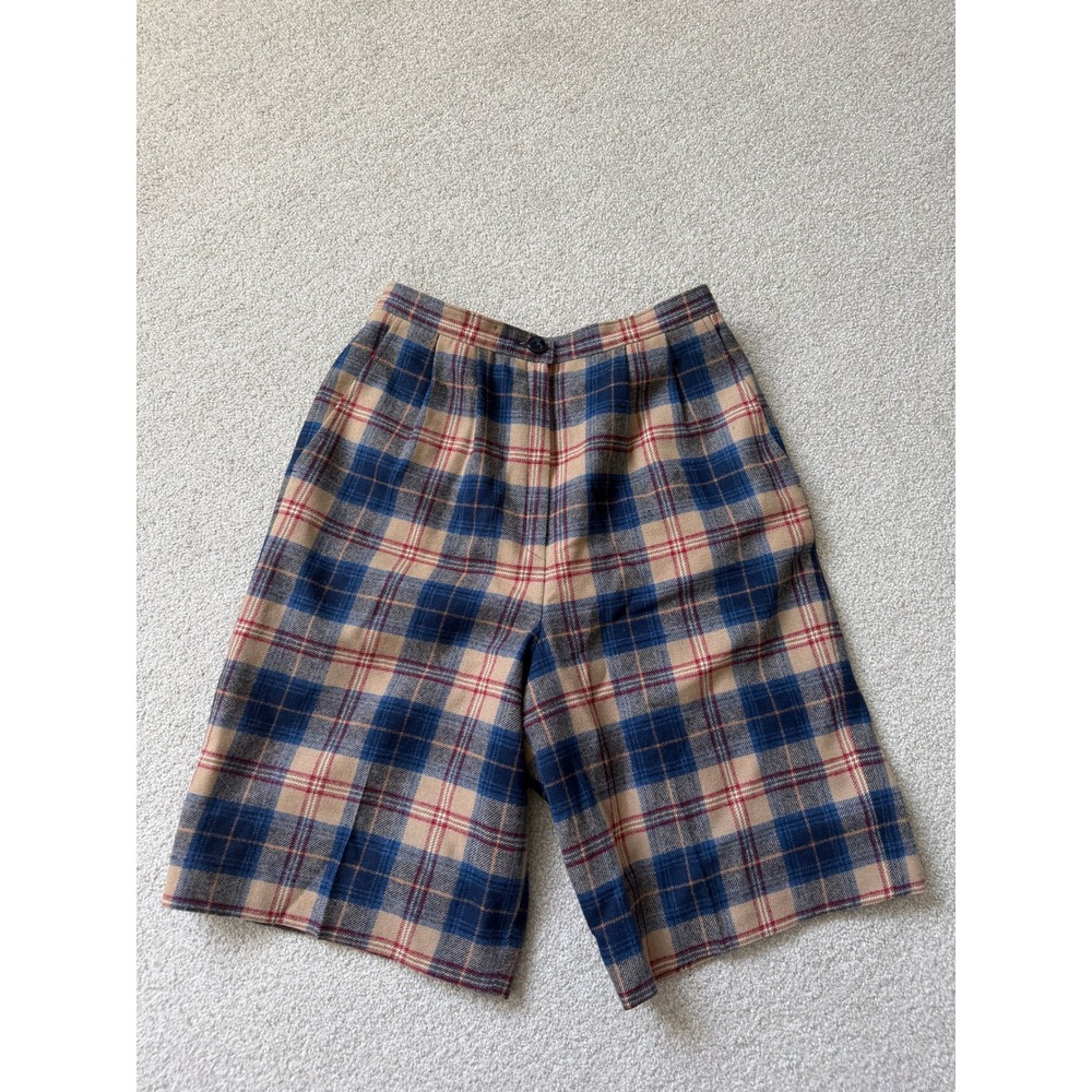Pendleton Vintage Academic Shorts Size M Tan Blue Plaid 100% Virgin Wool